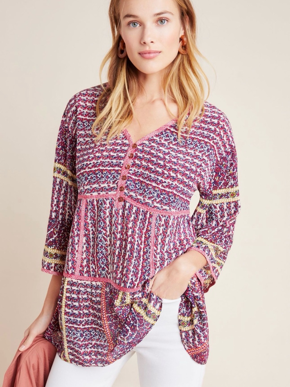 Anthropologie Maeve Lilyana Tiered 100% Silk Pink Patterned Blouse Top Large